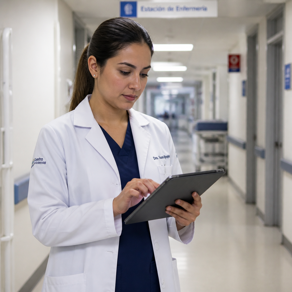 Doctora revisando información en tablet